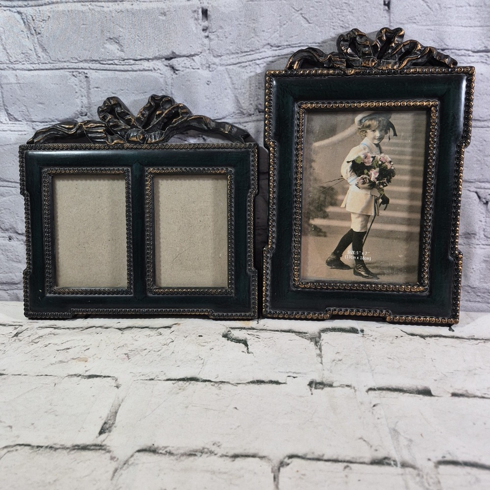 Vtg Green Gold Picture Photo Frames Hollywood Regency Style Acrylic Lot Of 2